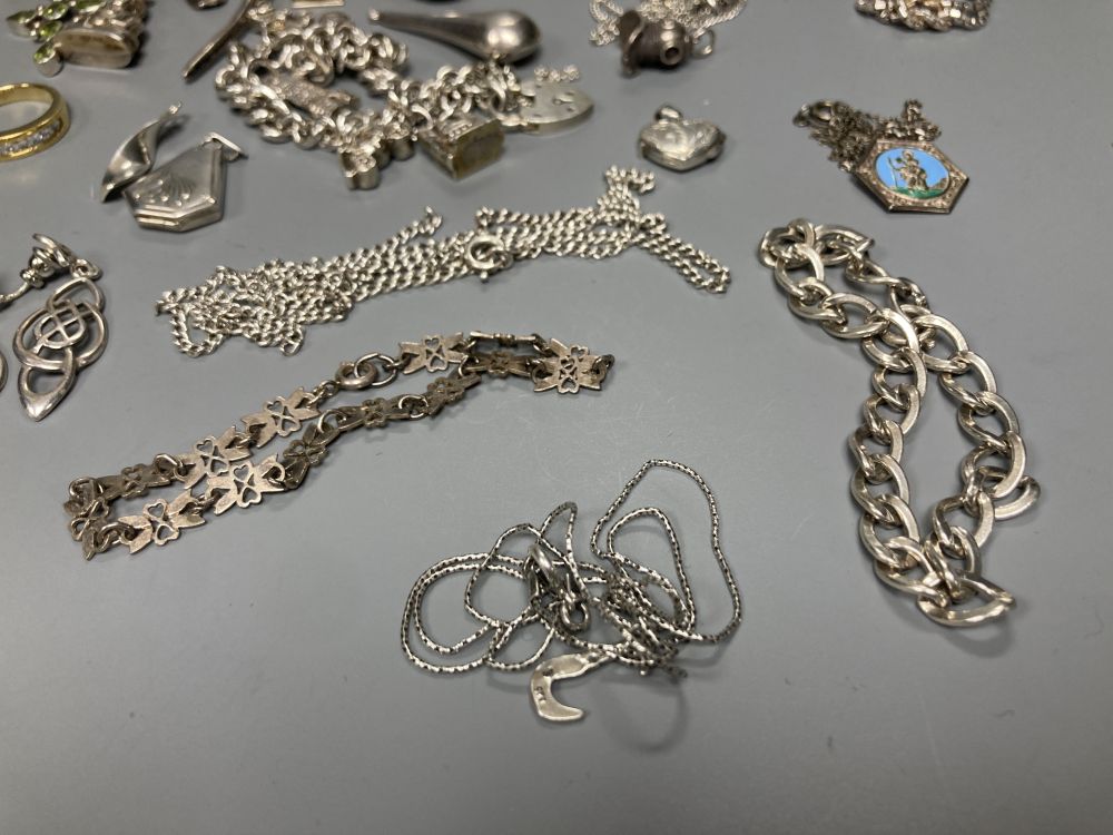 Assorted mainly silver jewellery including bangles, bracelets including charm, necklaces, brooches, rings and pendants.